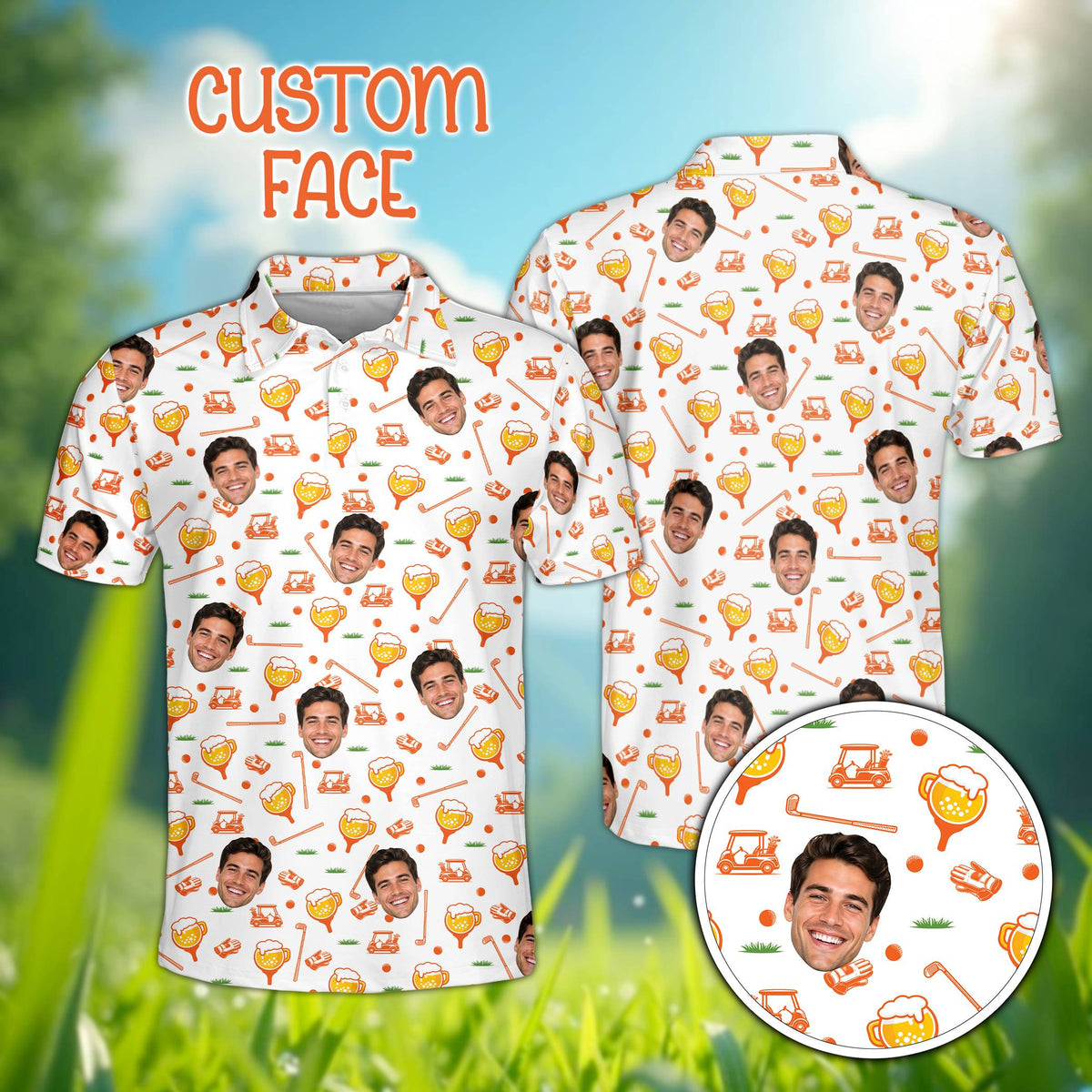 White personalized polo shirt design showing all-over golf print, front view