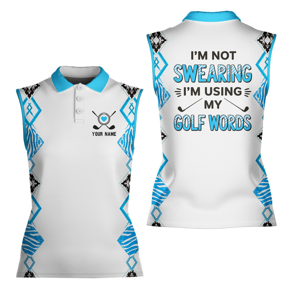 Side detail view of the geometric zebra print panels on the polo shirt