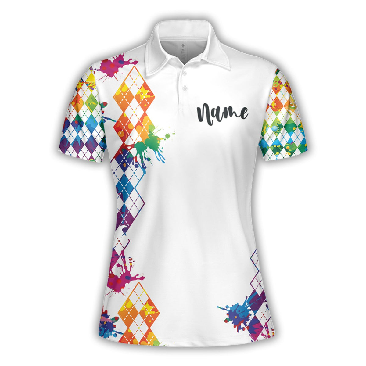 Final front display of the personalized polo shirt with vibrant patterns