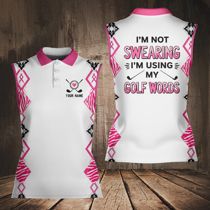 Personalized sleeveless golf polo shirt in white with custom name, front view