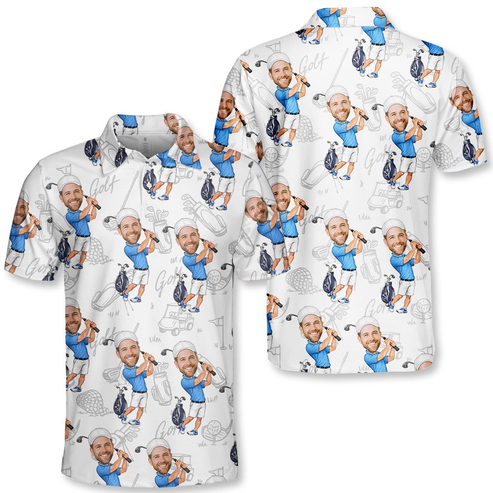 Front view of the custom polo shirt with cartoon golfer print