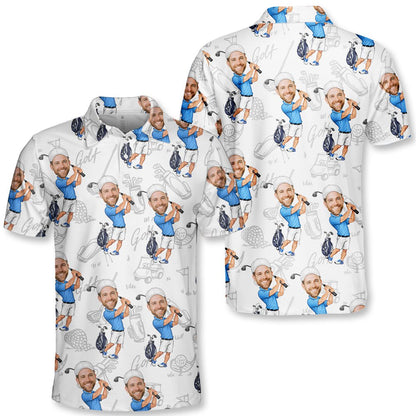 Main view of the personalized golf polo shirt featuring a cartoon golfer pattern on a white and blue background