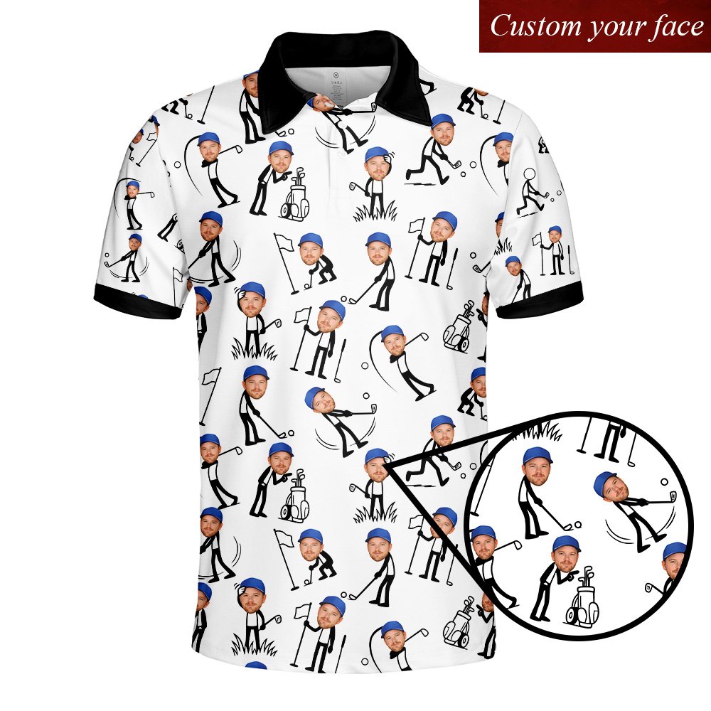 Main view of personalized golf polo shirt with custom photo stick figures