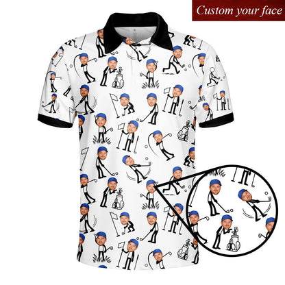 Main view of personalized golf polo shirt with custom photo stick figures