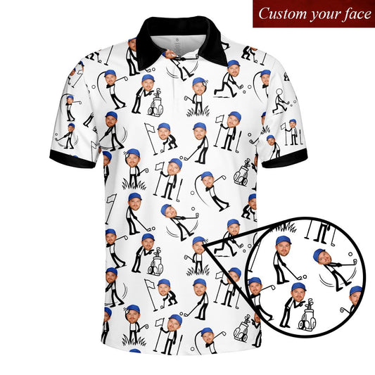 Main view of personalized golf polo shirt with custom photo stick figures
