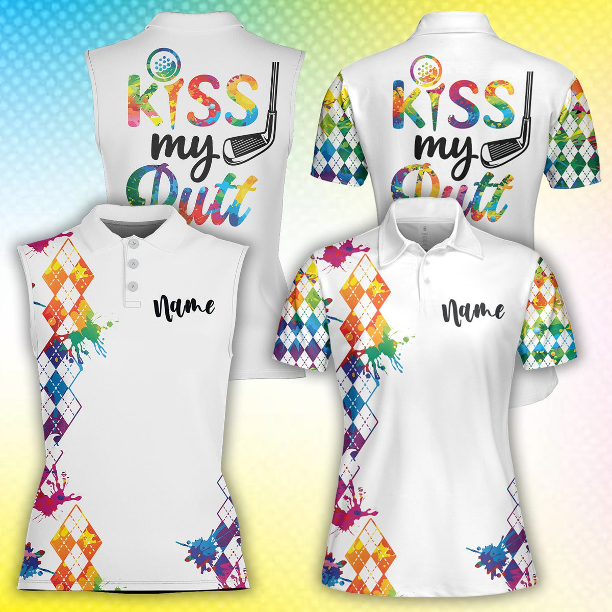 Front view of the white custom polo shirt showing geometric design