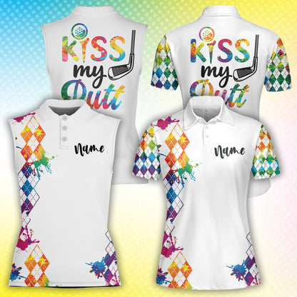Main view of the personalized golf polo shirt with colorful argyle pattern and custom name