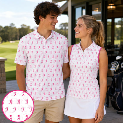 Lifestyle view of an adult wearing the white golf polo shirt with pink golfer silhouette pattern