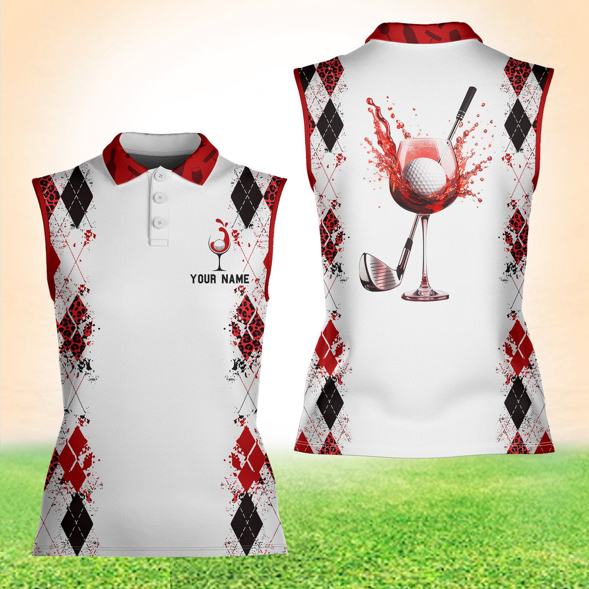 Angled front view of the white polo shirt with red patterned collar