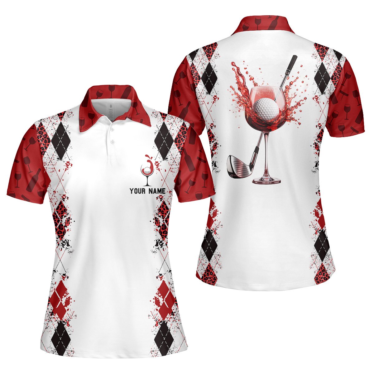 Back view of the golf and wine graphic on the polo shirt
