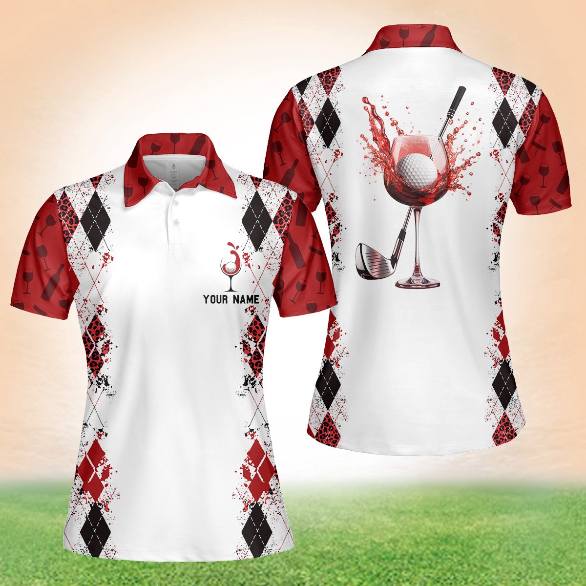 Close up of the personalized name detail on the polo shirt