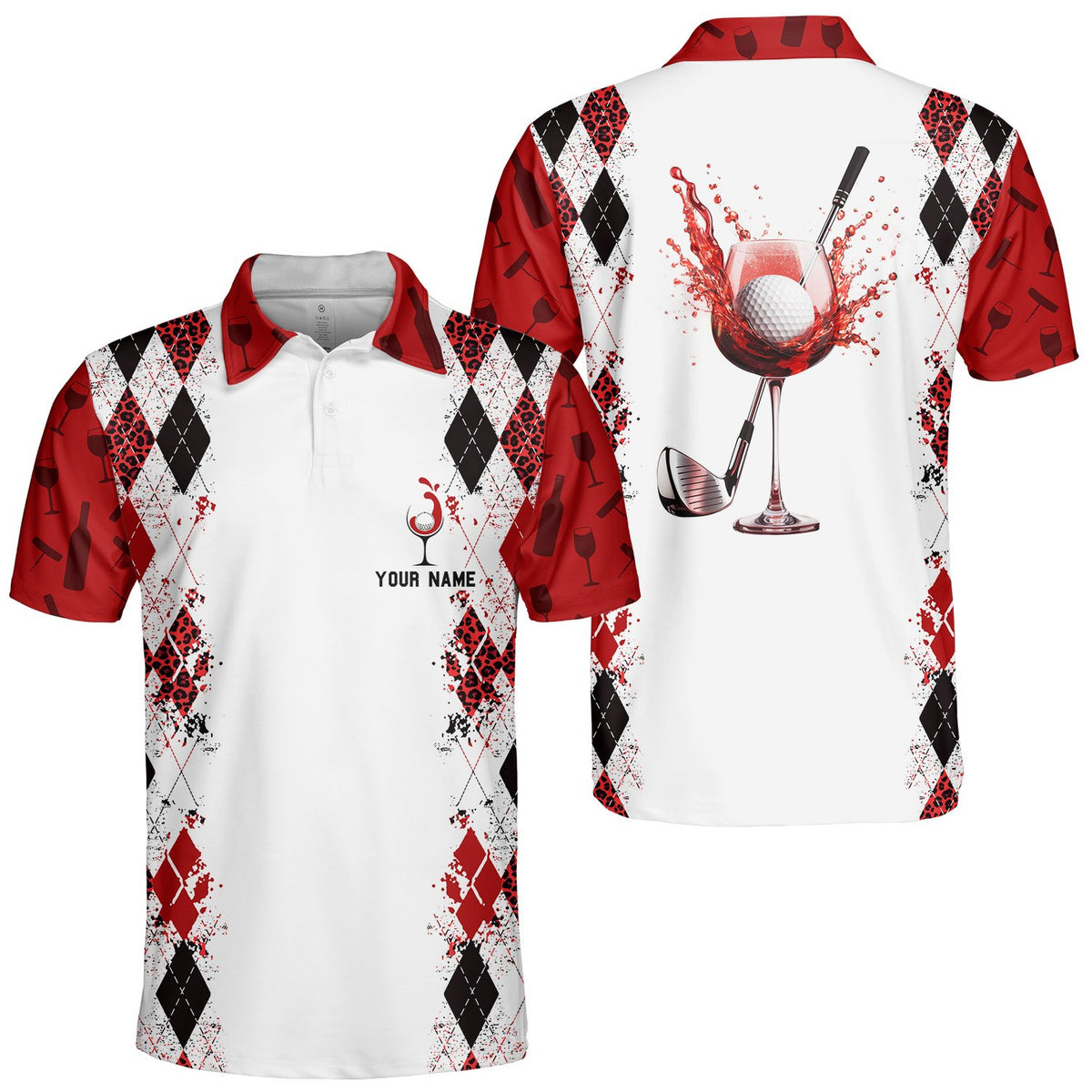 Collar detail of the customized golf & wine polo shirt