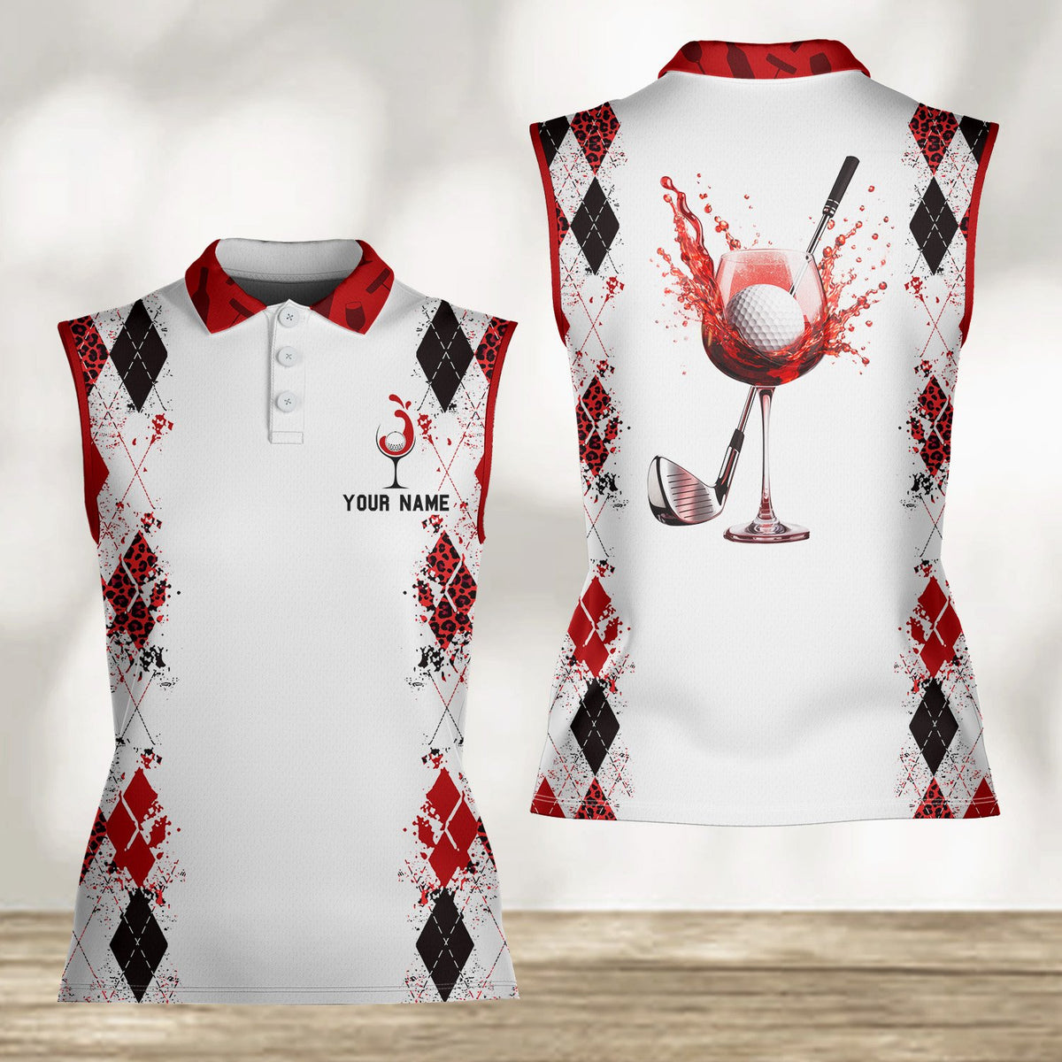 Personalized golf & wine polo shirt with custom name, white body and argyle sides, front view