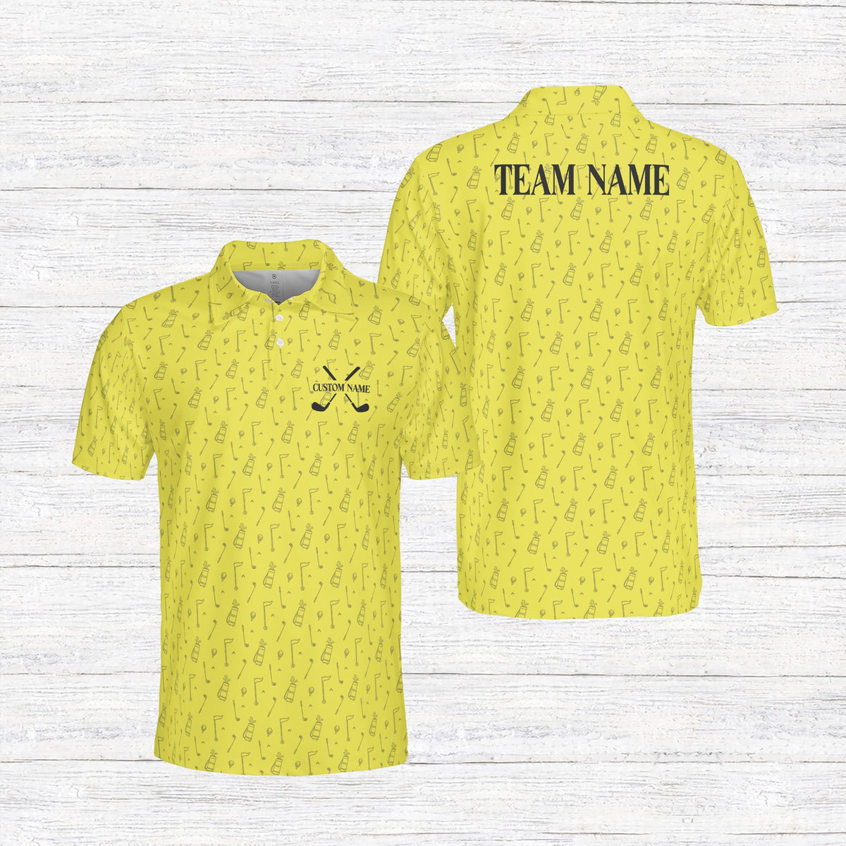 Personalized yellow golf polo shirt custom name and number, front view