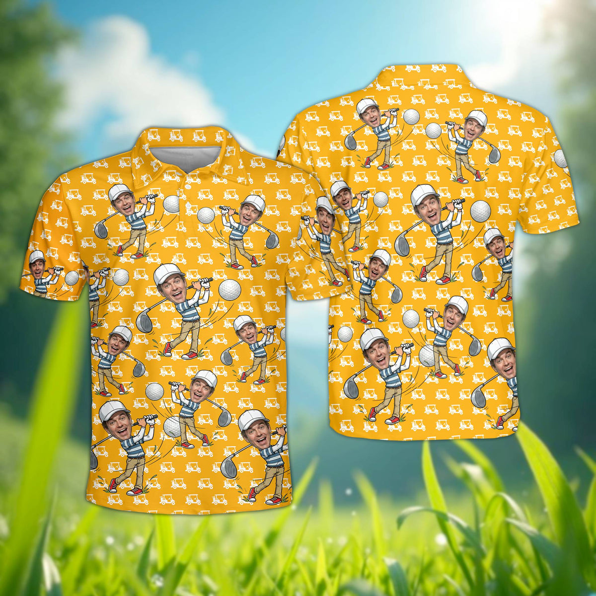Front view of custom golf polo shirt in yellow