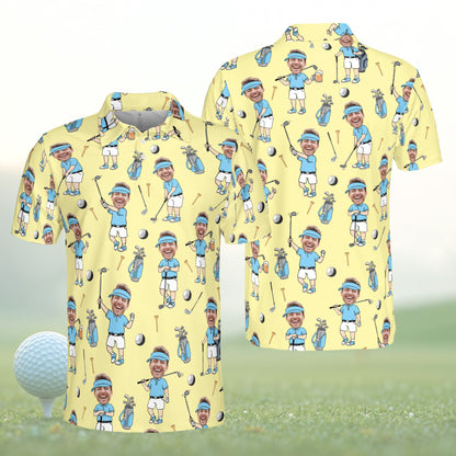 Personalized yellow golf polo shirt with custom name and number, front view