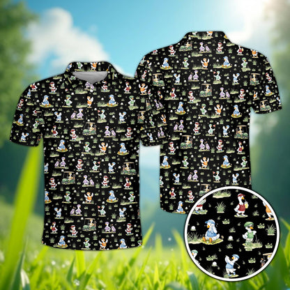 Black golfing polo shirt featuring an all-over pattern of cartoon ducks, front view