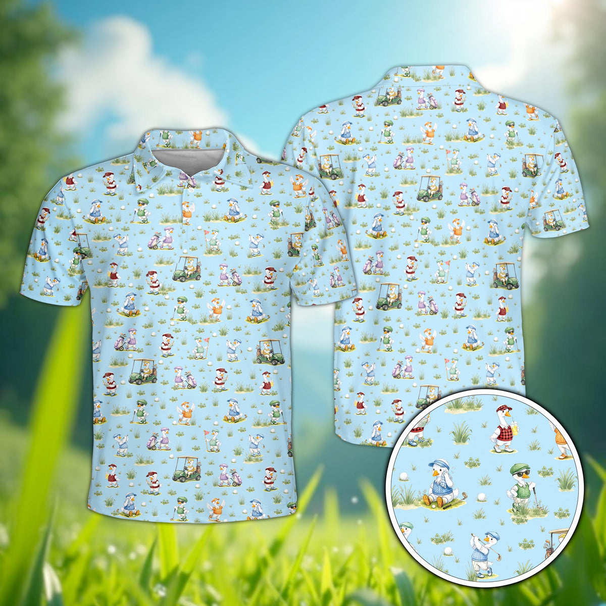 Light blue golfing polo shirt featuring an all-over pattern of cartoon ducks, front view