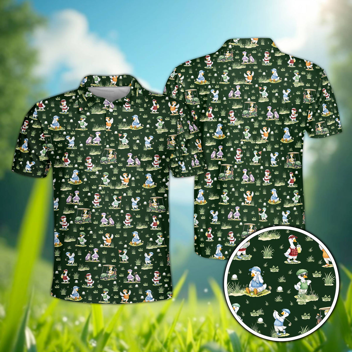 Green golfing polo shirt featuring an all-over pattern of cartoon ducks, front view