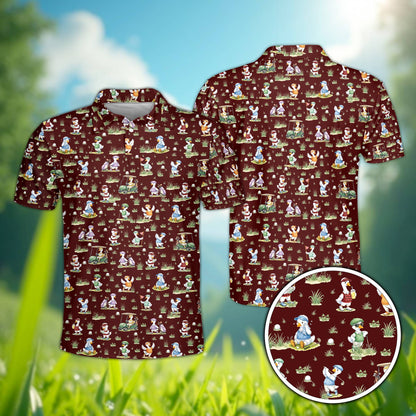 Maroon golfing polo shirt featuring an all-over pattern of cartoon ducks, front view