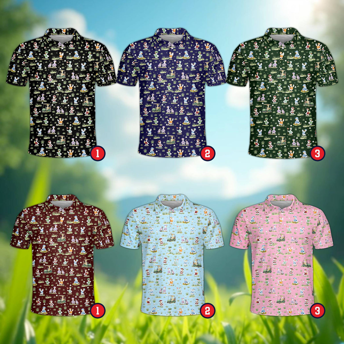 Multicolor view of golfing polo shirts displaying the cartoon ducks pattern