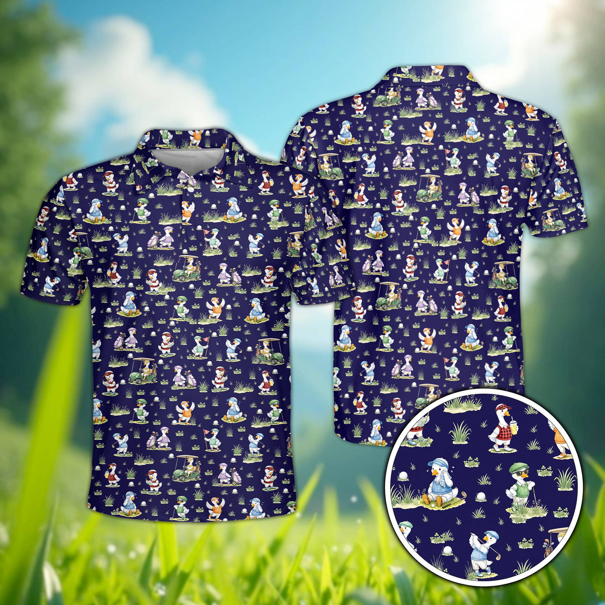 Navy golfing polo shirt featuring an all-over pattern of cartoon ducks, front view