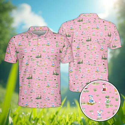 Pink golfing polo shirt featuring an all-over pattern of cartoon ducks, front view