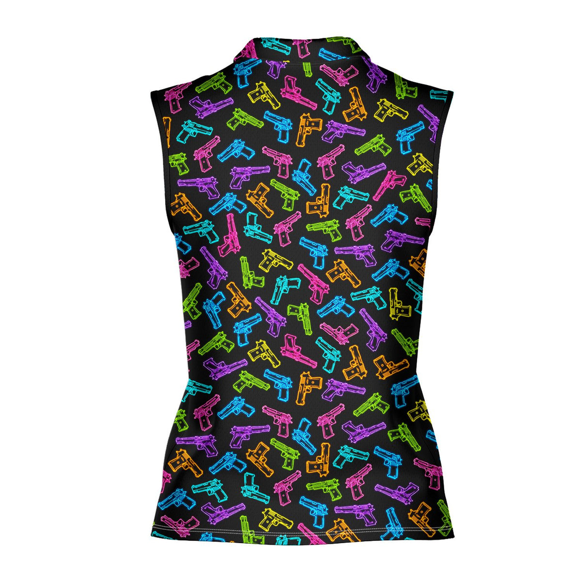 Detailed back view showing the all-over neon gun print