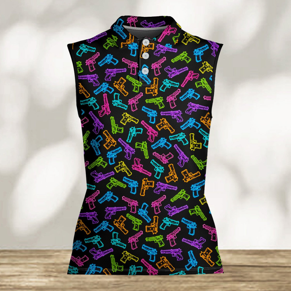 Back view of the neon guns polo shirt on black background