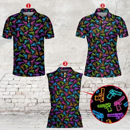 Close-up of the neon guns polo shirt collar and buttons