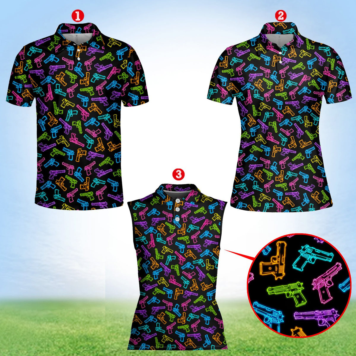 Detail view of the colorful neon gun outlines on the polo shirt