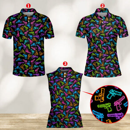 Neon guns polo shirt on black background, front view