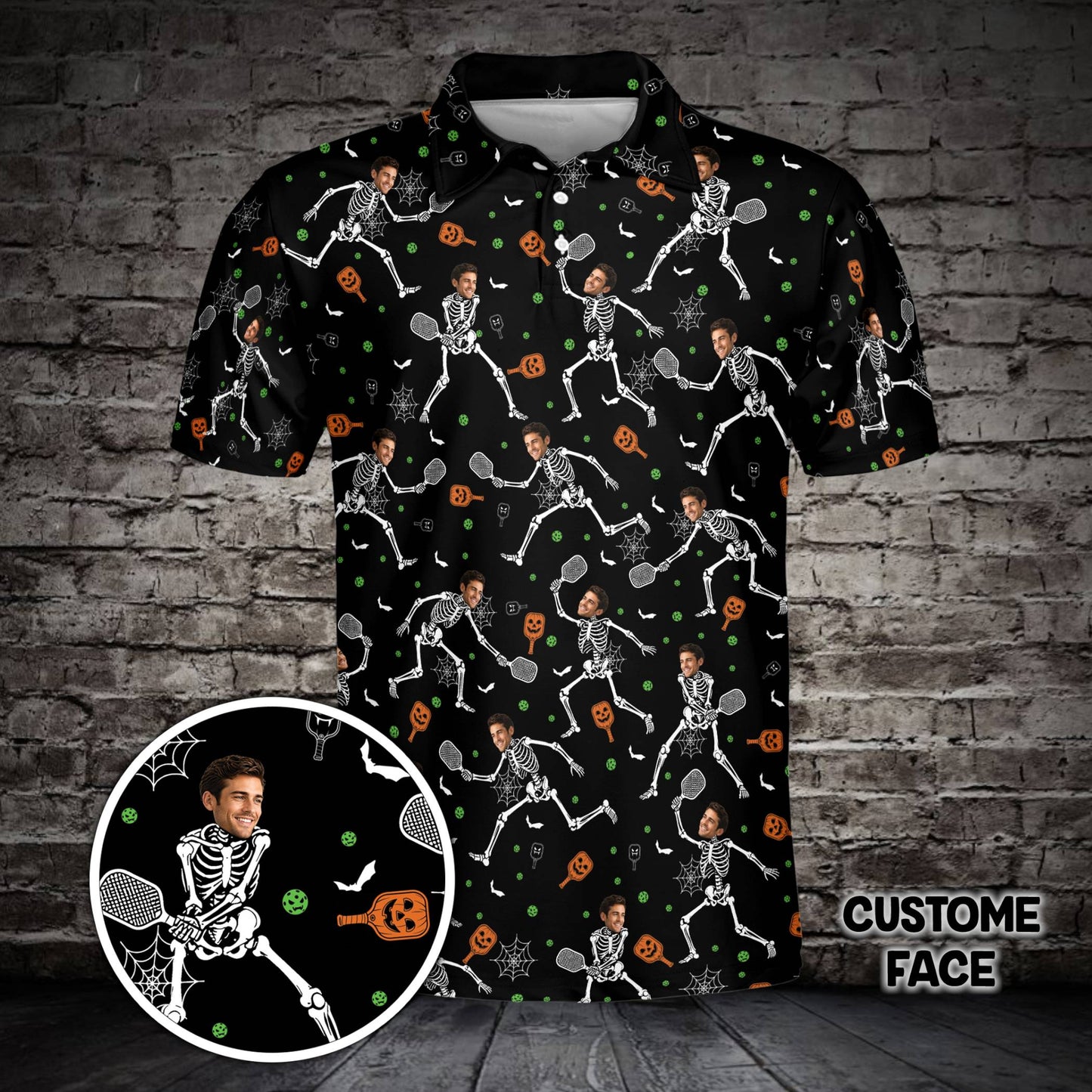Black personalized polo shirt featuring custom face skeleton playing pickleball, front view