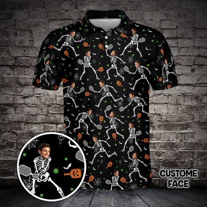 Black personalized polo shirt featuring custom face skeleton playing pickleball, front view