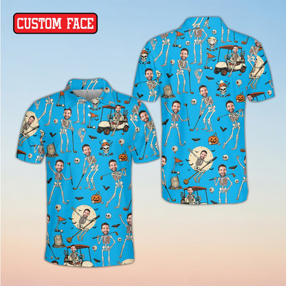 Front view of blue-toned personalized Halloween skeleton polo shirt