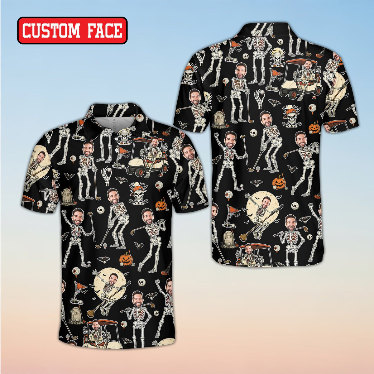 Personalized custom name and number polo shirt featuring Halloween skeleton golf design