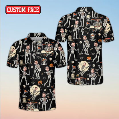 Personalized custom name and number polo shirt featuring Halloween skeleton golf design