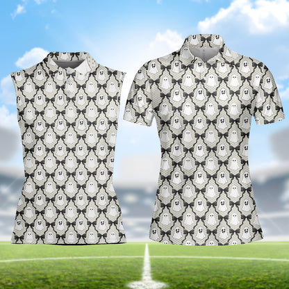 Angled front view of the white halloween polo shirt