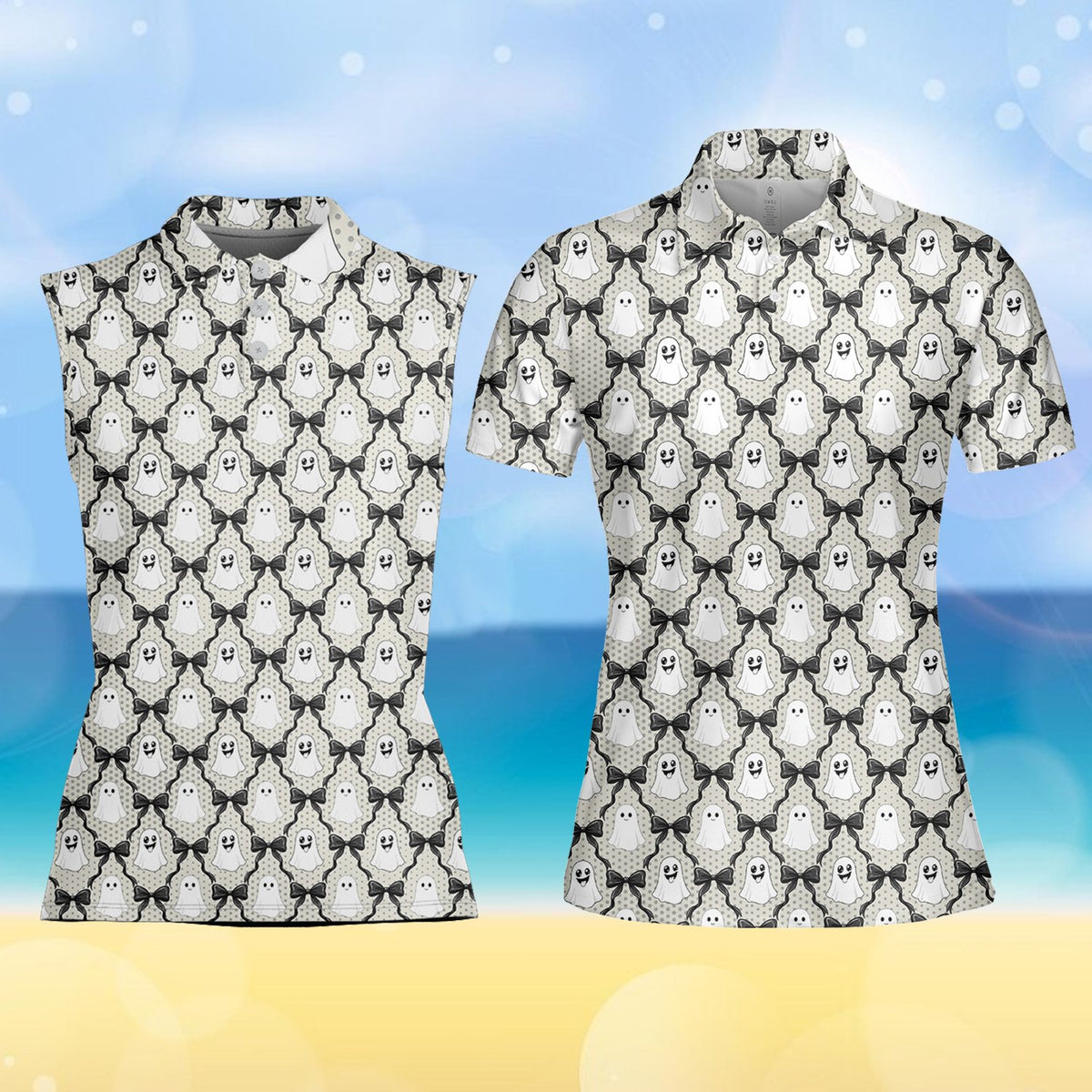 Close up view of the ghosts polo shirt pattern and buttons
