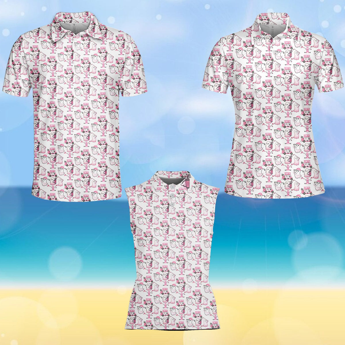Close up front view of the ghost and golf cart pattern on the polo shirt