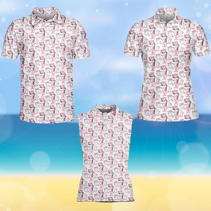 Close up front view of the ghost and golf cart pattern on the polo shirt