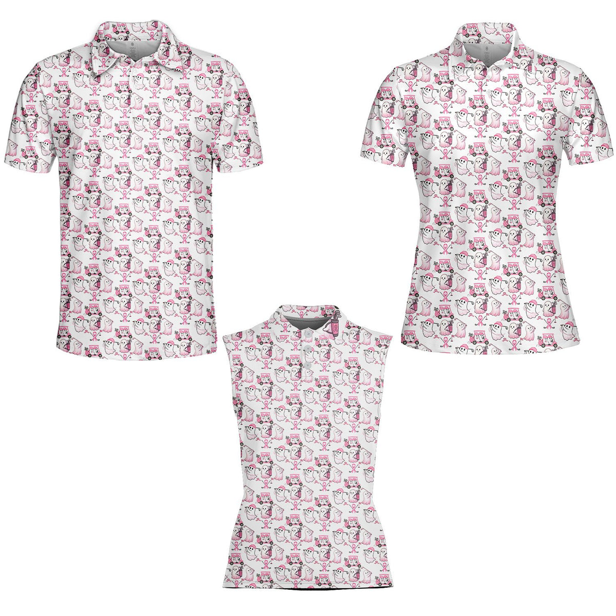 Additional front angle of the white and pink halloween golf polo shirt