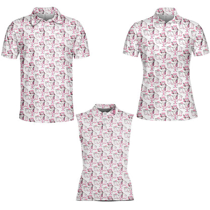 Additional front angle of the white and pink halloween golf polo shirt