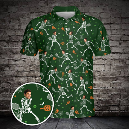 Buy personalized polo shirt featuring a green Halloween skeleton pickleball design, front view