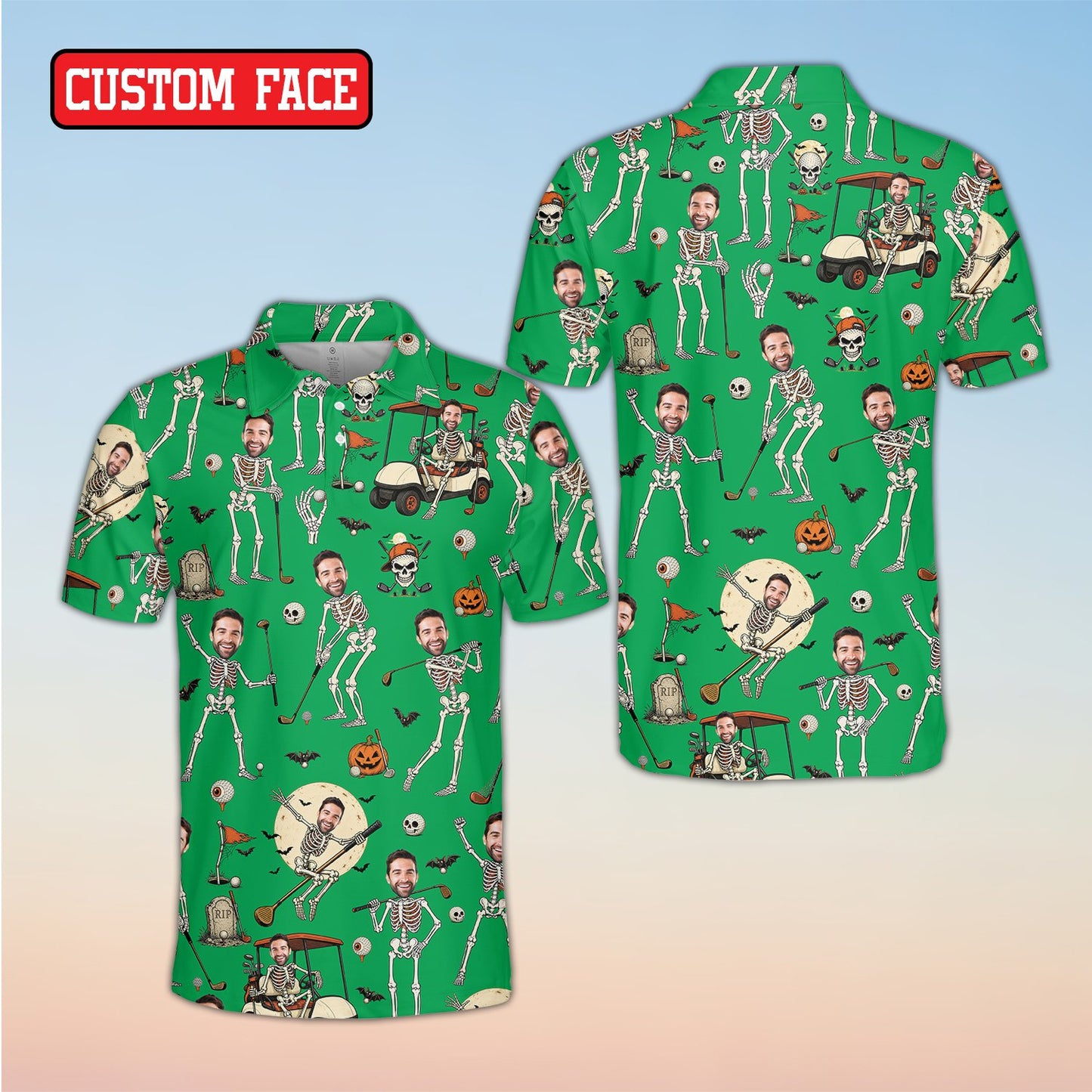 Front view of green-toned personalized custom polo shirt