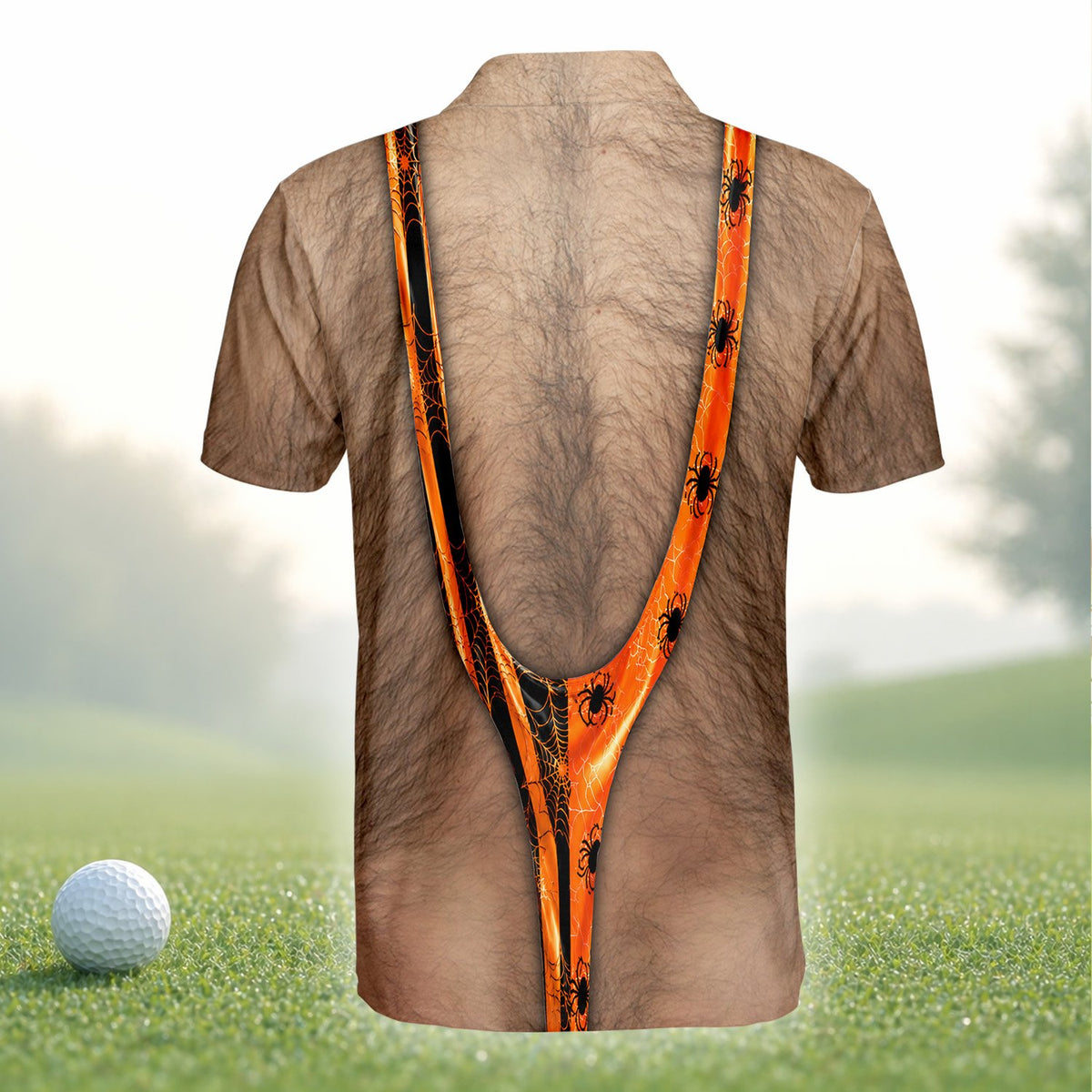 Halloween hairy chest and suspenders polo shirt, alternate back view