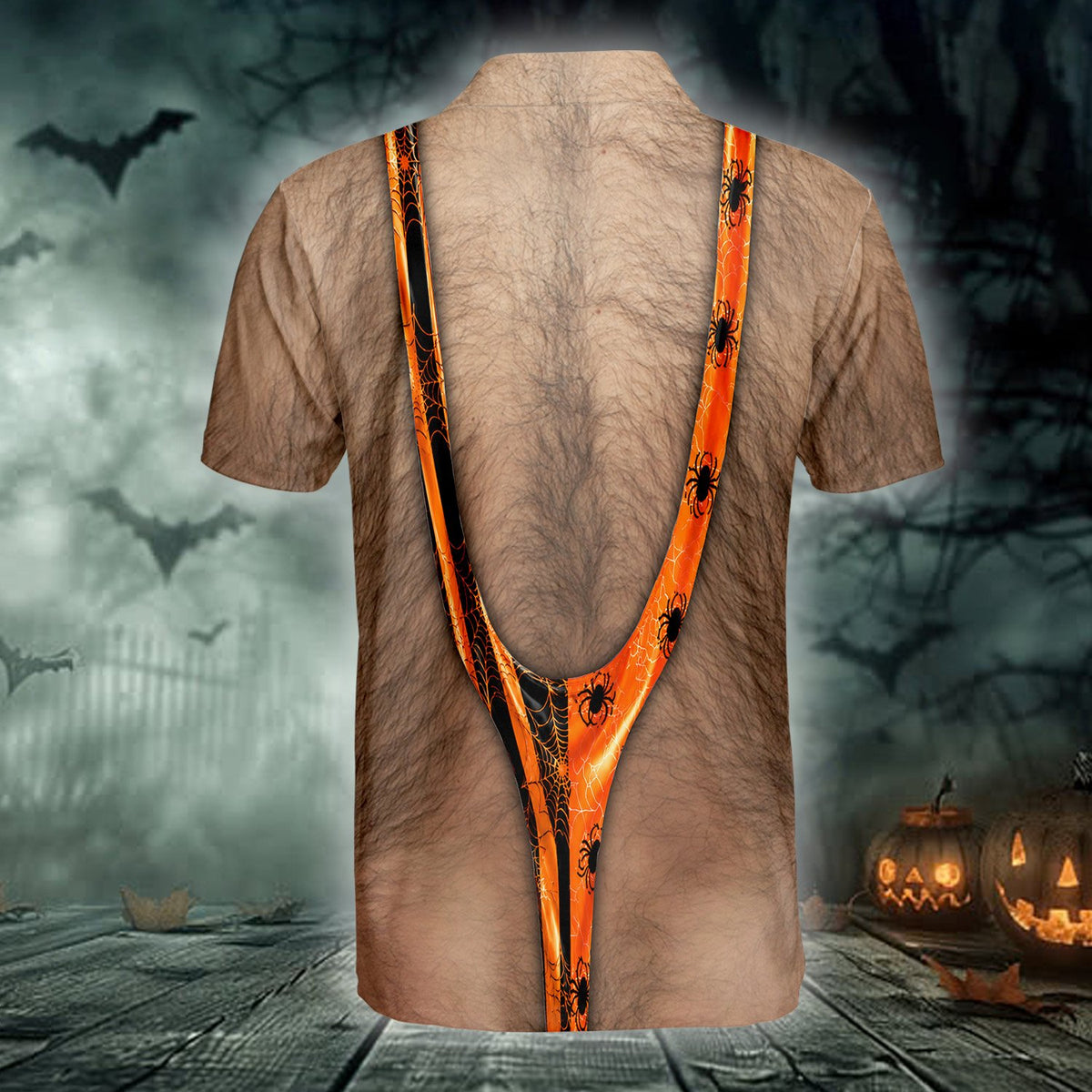 Halloween hairy chest and suspenders polo shirt, detailed back view