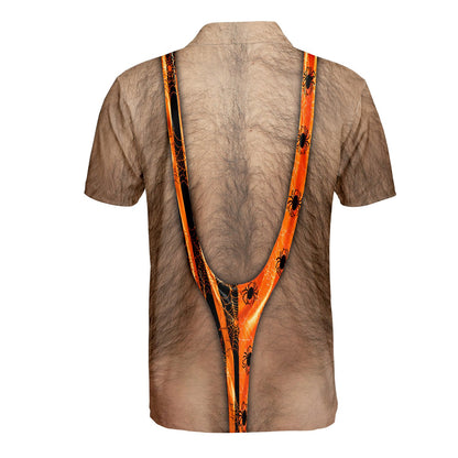 Halloween hairy chest and suspenders polo shirt, back view