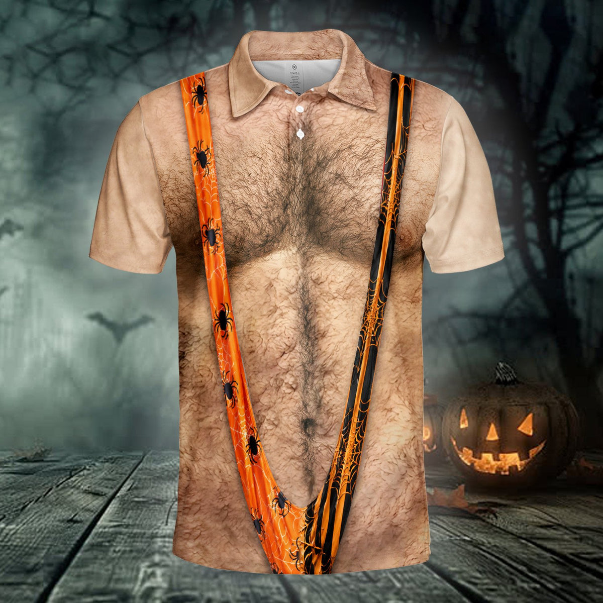 Halloween hairy chest and suspenders polo shirt, alternate front view