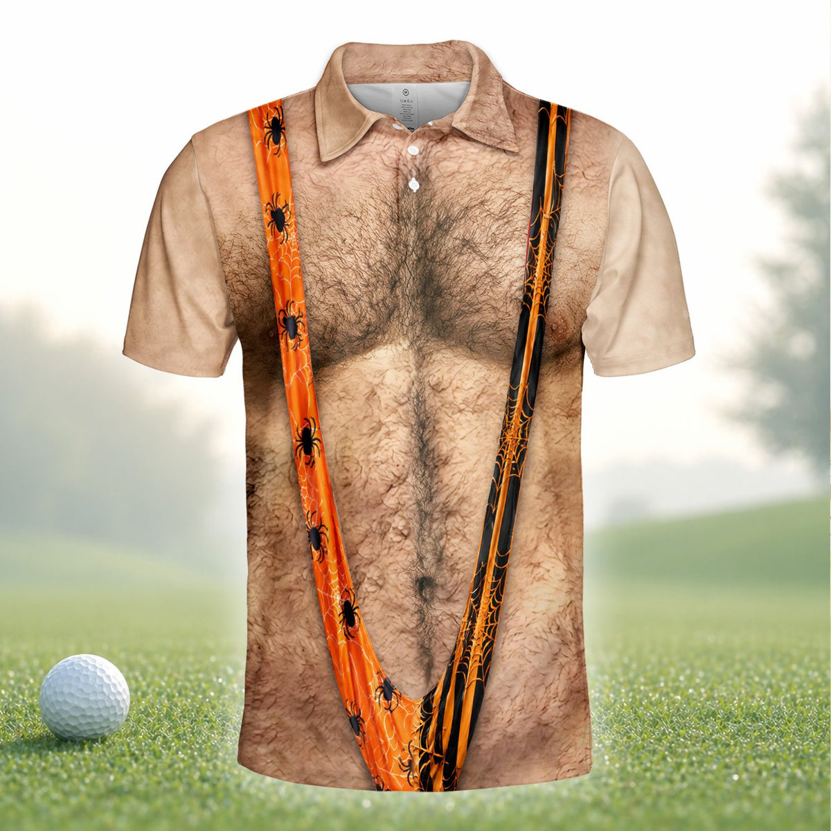 Halloween hairy chest and suspenders polo shirt, alternate main view
